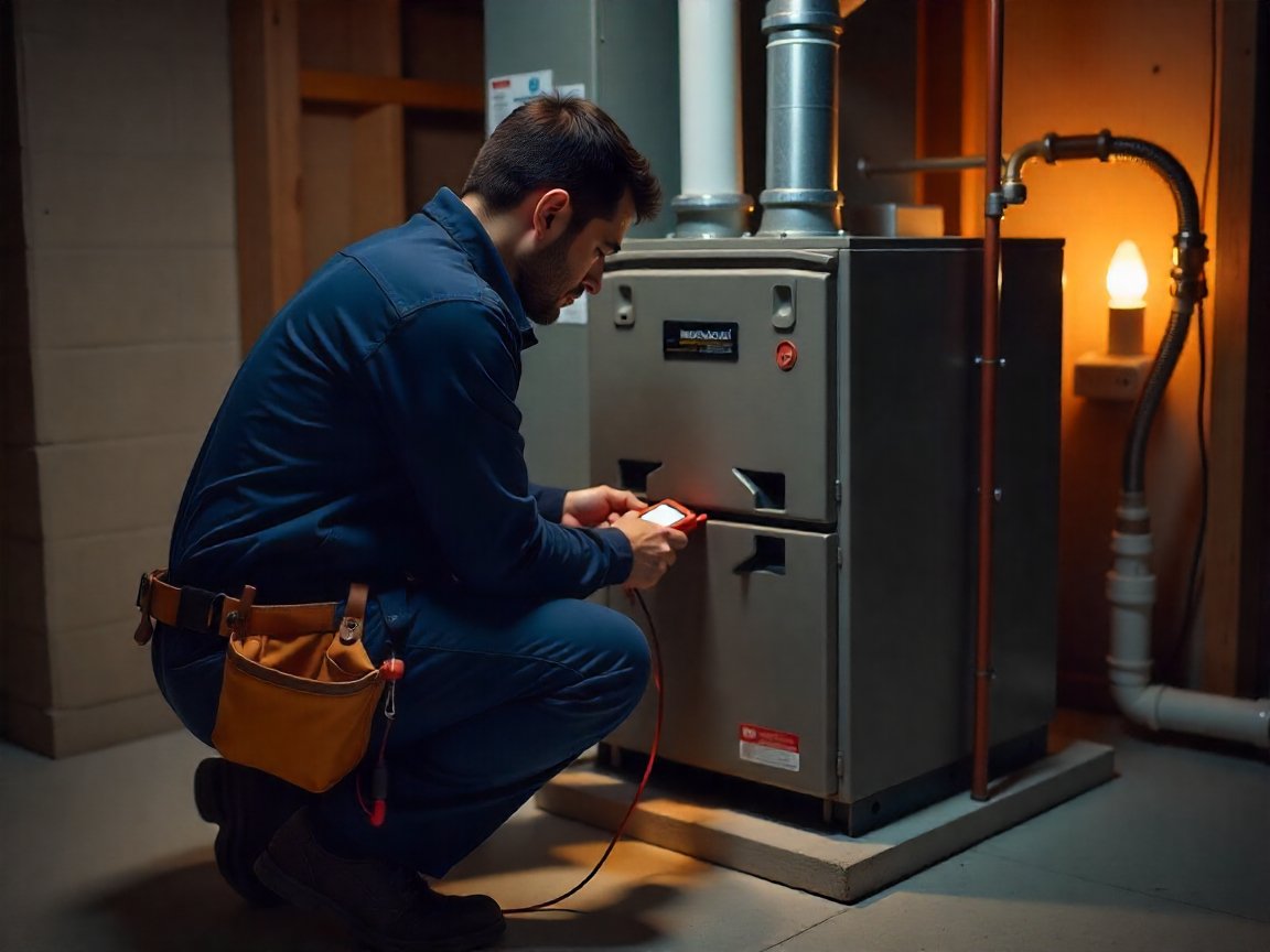 hvac worker diagnosing heating issue on modern furnace